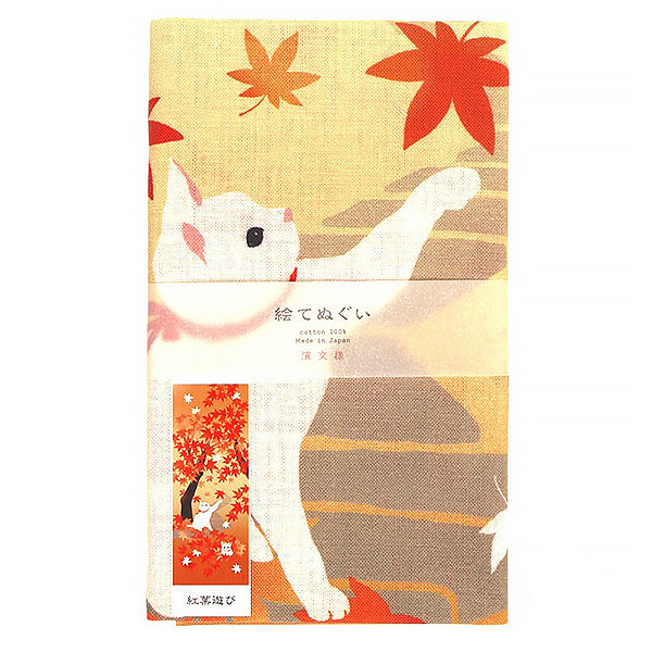 Tenugui Cat Autumn Leaves - Déco Japonaise | Moshi Moshi Paris