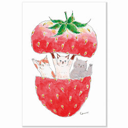 Carte Postale Kawaii - Chat Tokorokomugi Fraise | Moshi Moshi Paris